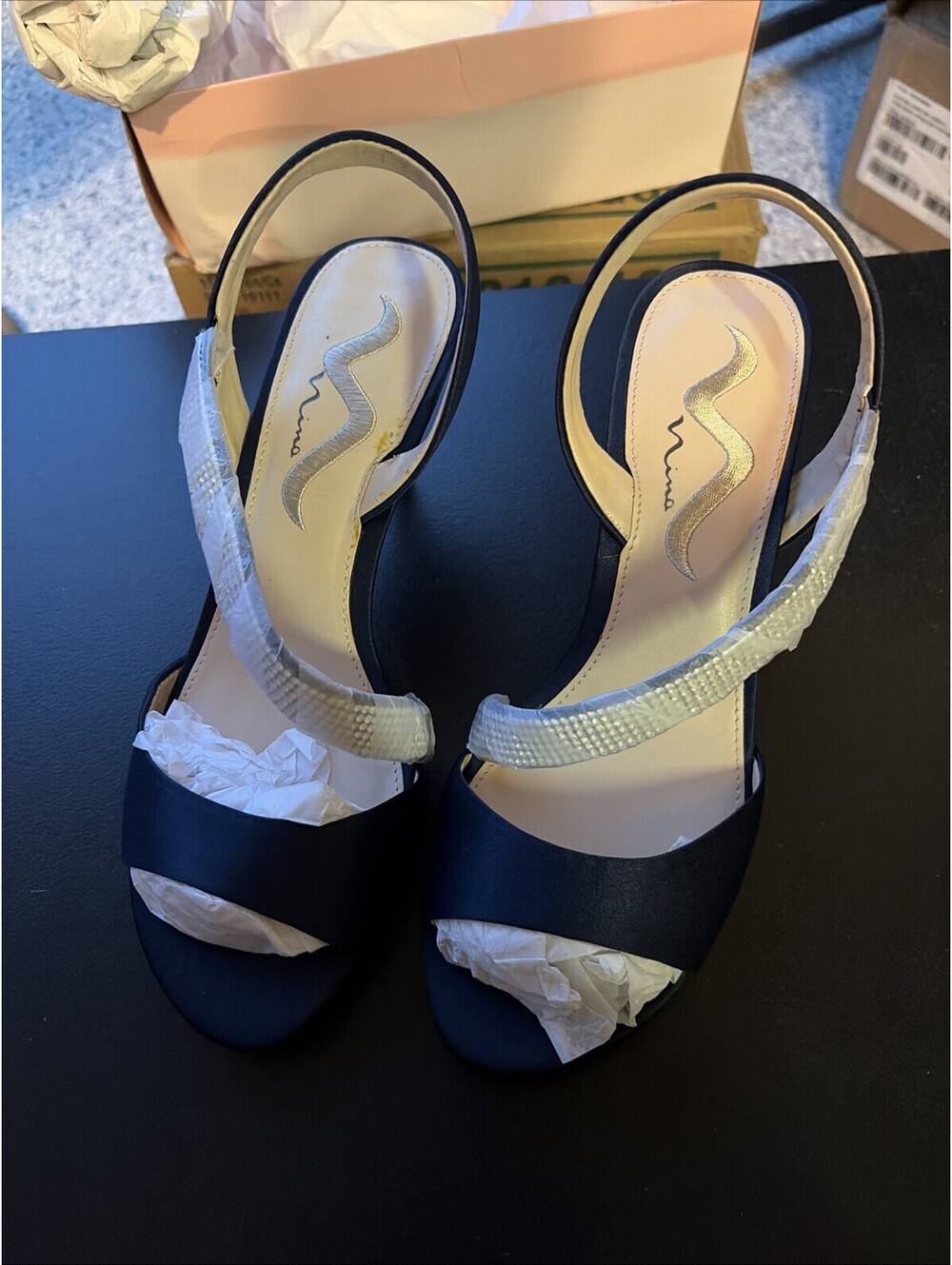 Nina Women's 8.5 Navy Blue Satin Sling Back Sandals Rhinestone Prom High Heels